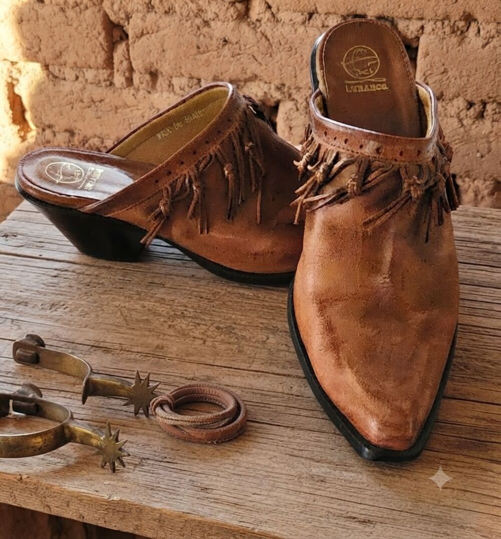 Vntg Durango RD192 Women 10 Brown Leather Western Fringe Mules Pointed Toe Clogs